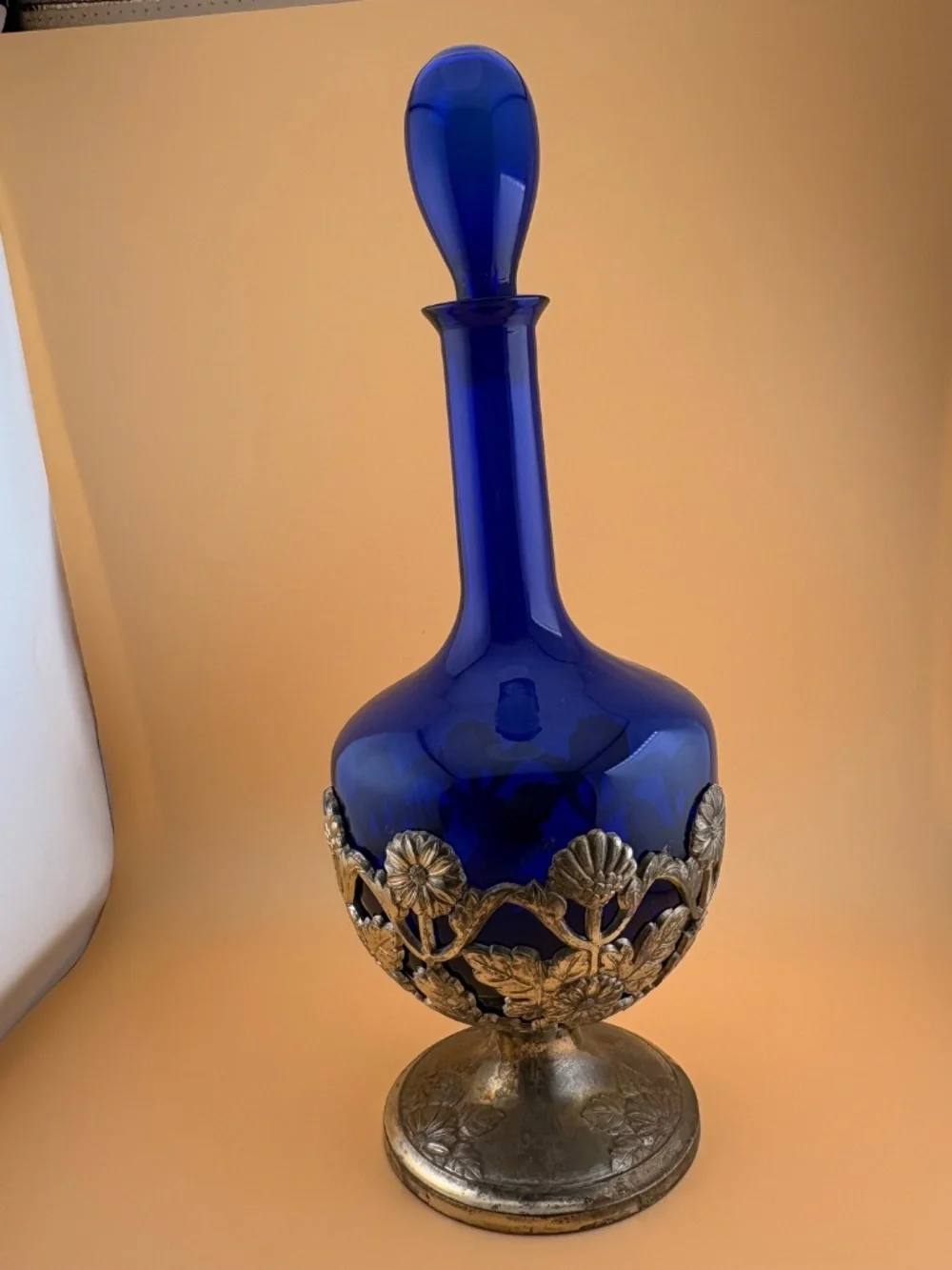 Vintage Cobalt Blue Glass Decanter & 6 Cordial Glasses Set Silver Plate Filagree